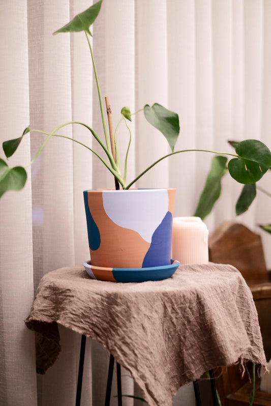 Terrakotta-Zylinder-Blumentopf + Teller • Blautöne