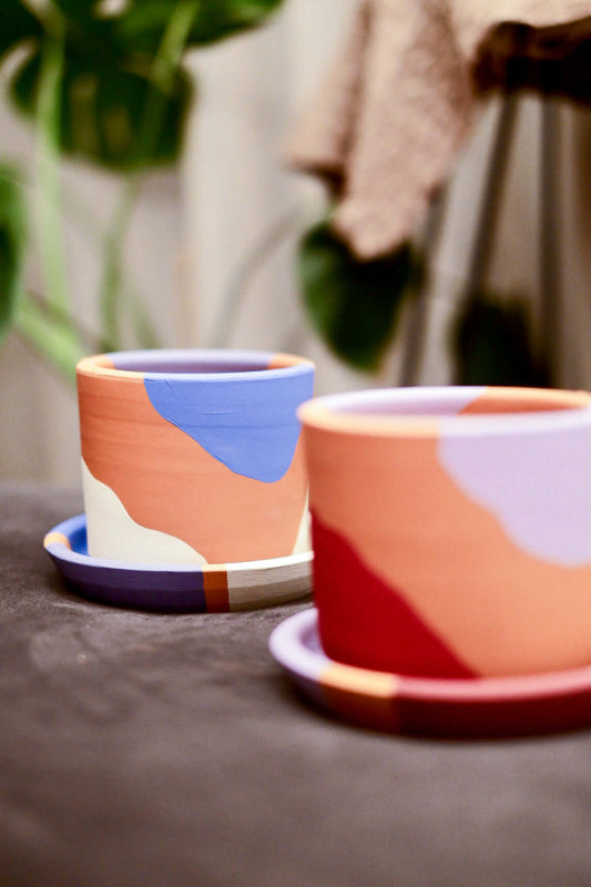 Terrakotta-Zylinder-Blumentopf + Teller • Blau-Lila