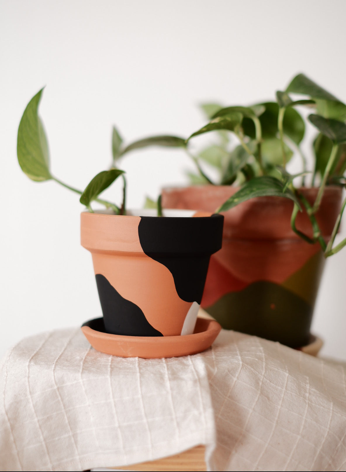 Terracotta Konik Saksı+Tabak • Siyah Beyaz Abstract