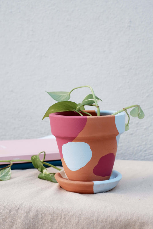 Konischer Terrakotta-Blumentopf + Teller • Kirschblau
