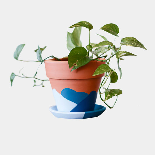 Konischer Blumentopf + Teller aus Terrakotta • Abstraktes Blau