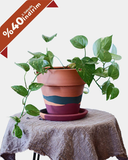 Konischer Blumentopf + Teller aus Terrakotta • Wellen