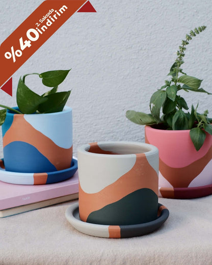 3er-Set Terrakotta-Blumentopf + Teller