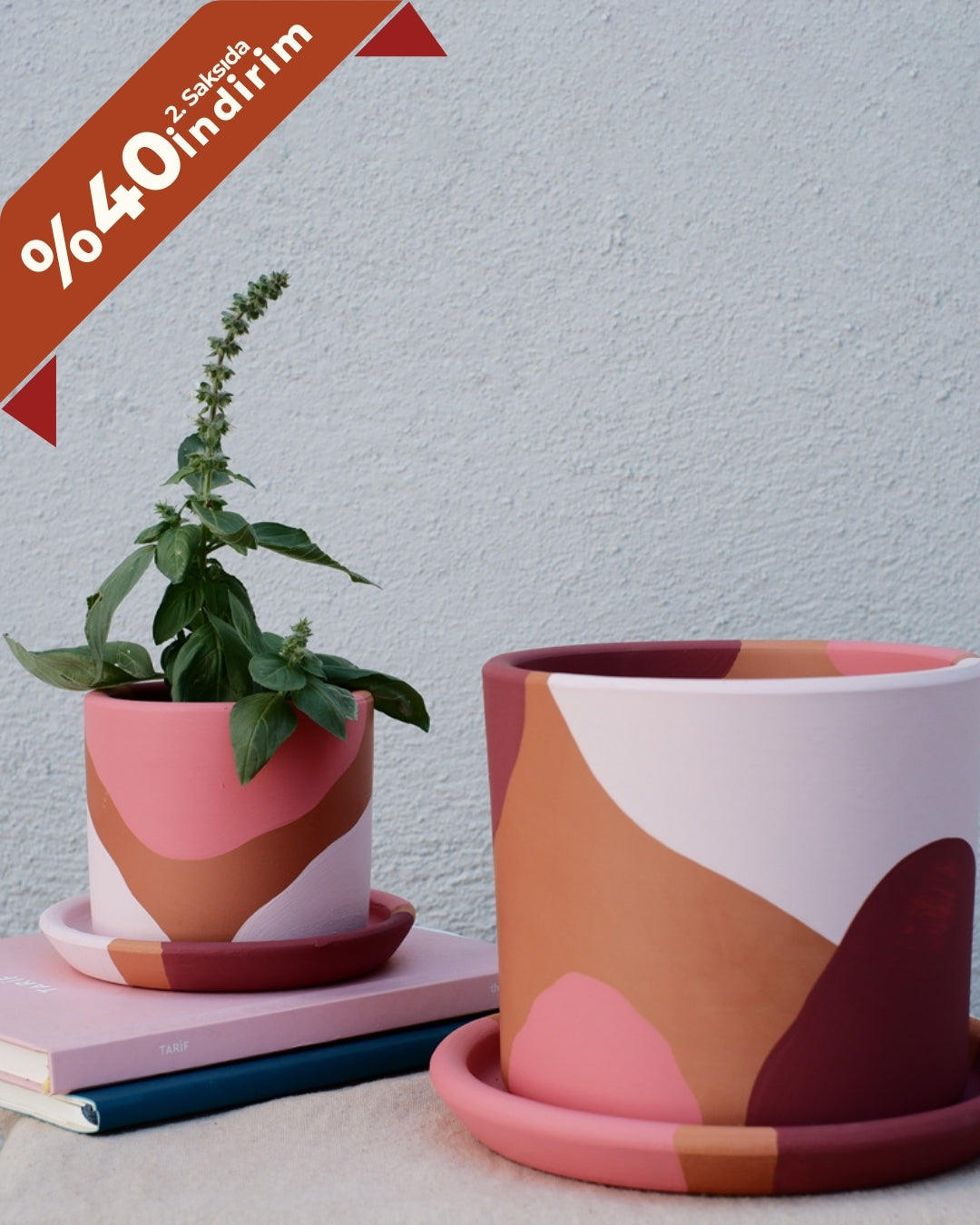 2er-Set Terrakotta-Blumentopf + Teller • Rosatöne