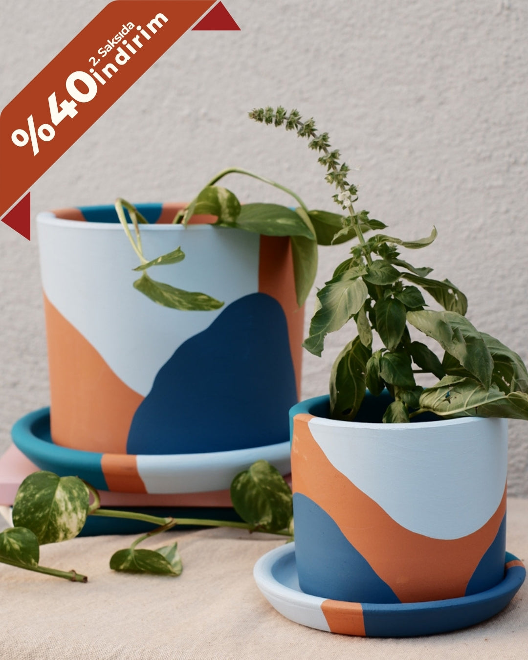 2li Set Terracotta Saksı+Tabak • Mavinin Tonları ( Küçük + Orta Boy )