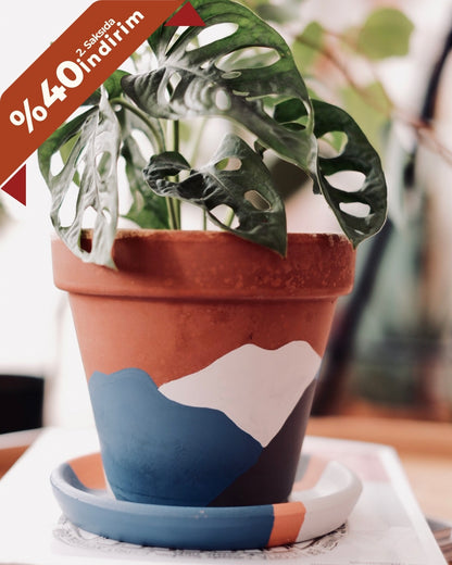 Terracotta Konik Saksı+Tabak • Mavi Gri