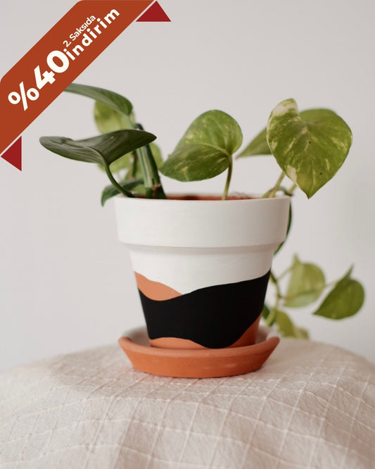 Konischer Blumentopf + Teller aus Terrakotta • Schwarze und weiße Wellen