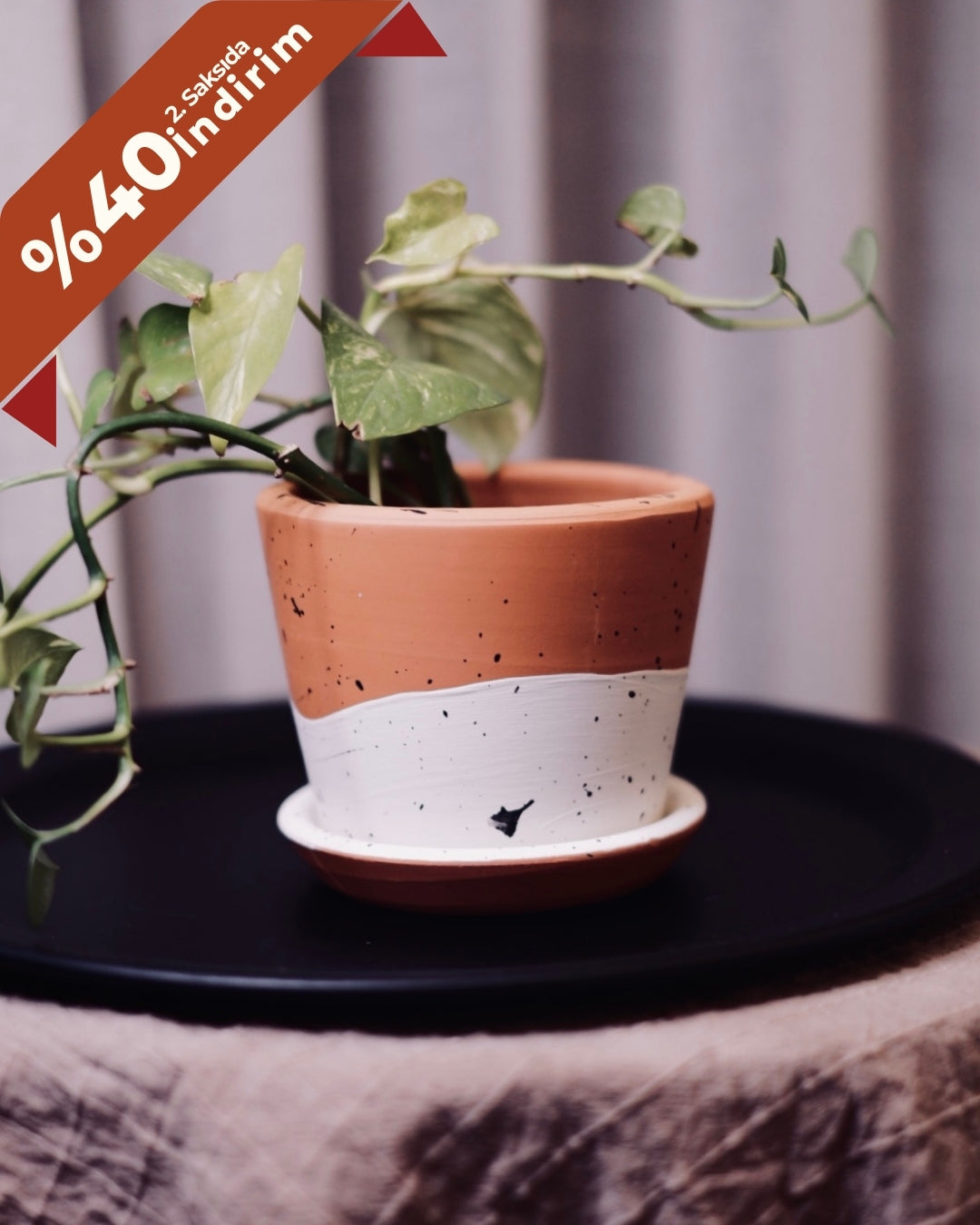 Terracotta Savana Saksı+Tabak • Siyah Beyaz Benekli