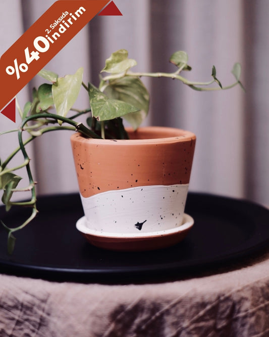 Terrakotta Savana Blumentopf+Teller • Schwarz-Weiß gepunktet