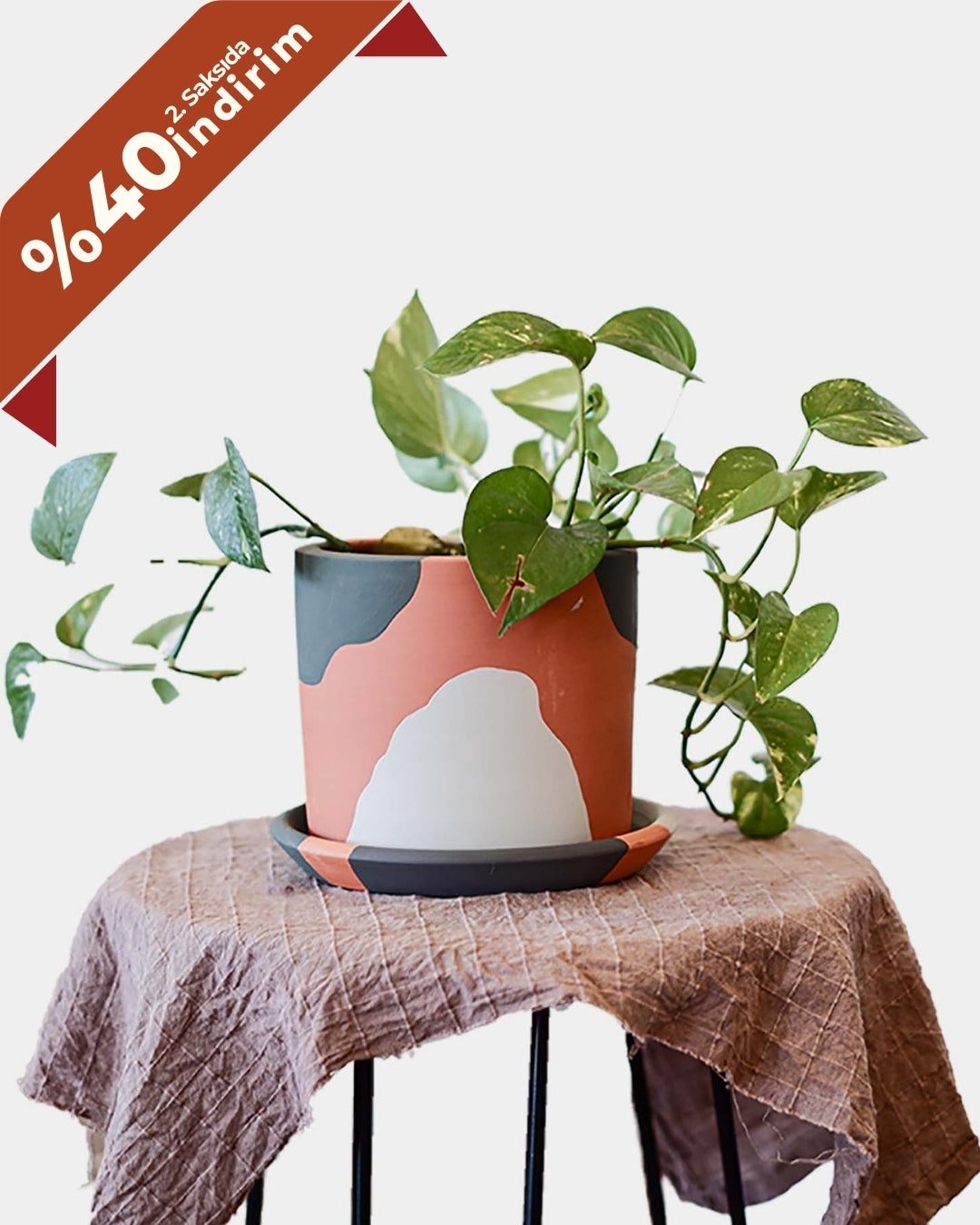Terrakotta-Zylinder-Blumentopf + Teller • Grüntöne